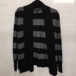 Cardigan, black and grey striped.